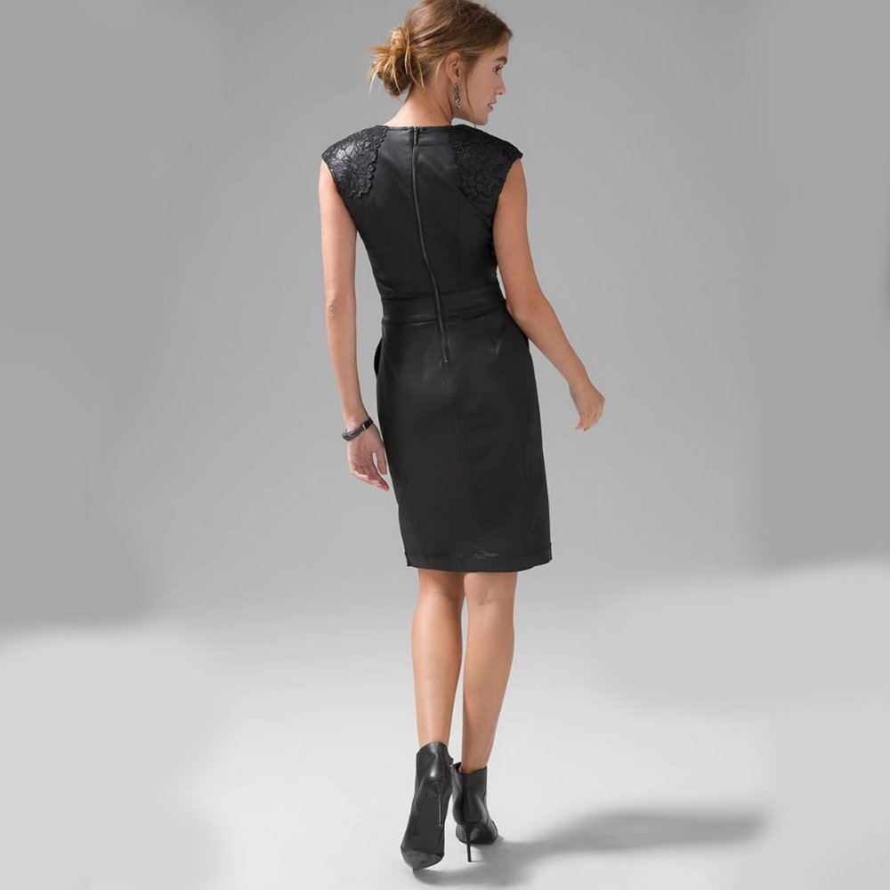 WHBM NWT WITH POCKETS! WASHABLE Coated Denim Lace Dress Faux Leather - Picture 5 of 10
